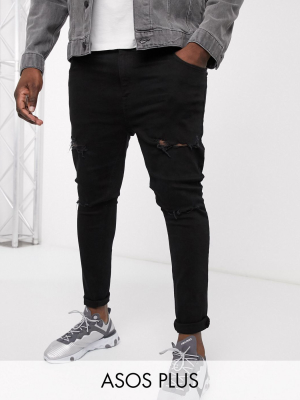 Asos Design Plus Spray On Jeans With Power Stretch In Black With Mid Rips