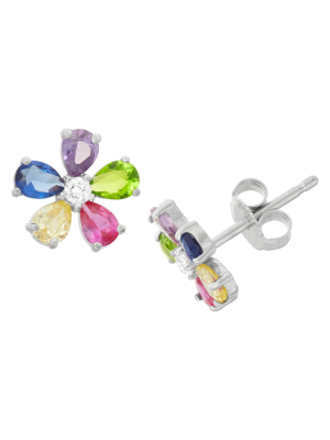 1.31 Ct. T.w. Children's Multi Color Flower Cubic Zirconia Earrings In Sterling Silver