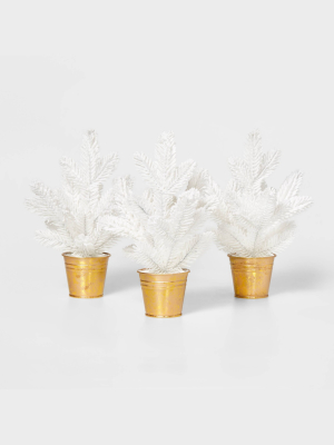 3pk Flocked Christmas Tree Decorative Figurine White With Gold Base - Wondershop™