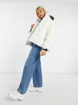 Asos Design Vinyl Puffer Jacket In Cream