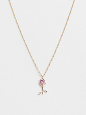 Asos Design Necklace With Crystal Rose Pendant In Gold Tone