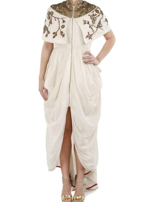 Draped Cape Style Embroidered Dress