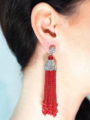 Crystal And Ruby Tassel Pierced Or Clip Earrings