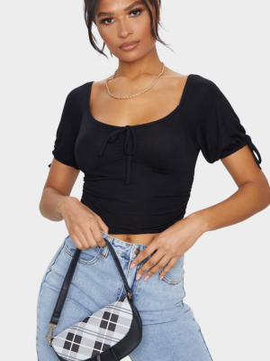 Black Jersey Ruched Square Neck Crop Top