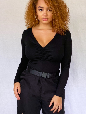 Plus Black Jersey Ruched Long Sleeve Bodysuit