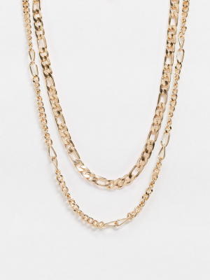 Asos Design Short Slim Double Layer 5mm Figaro Neckchain In Gold Tone