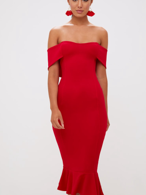 Red Bardot Frill Hem Midi Dress