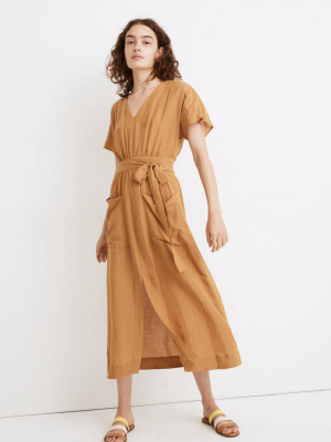 Linen-blend Dolman-sleeve Tie-waist Midi Dress