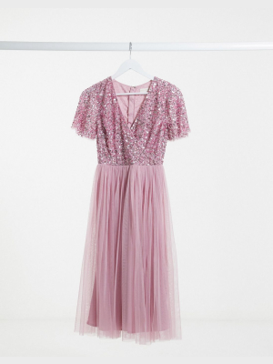 Maya Bridesmaid Wrap Front Delicate Sequin Midi Dress With Tulle Skirt In Pink