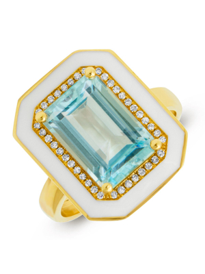 14kt Yellow Gold Blue Topaz Enamel Diamond Deco Ring