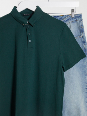 Asos Design Polo Shirt With Collar Pin In Dark Green