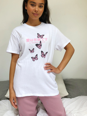 White Eternal Love Butterfly Printed T Shirt