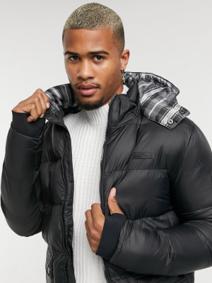 Mauvais Short Puffer Coat With Plaid Print Hood In Black