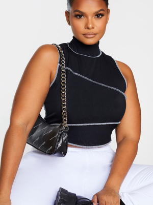 Plus Black Contrast Stitch Rib High Neck Crop Top