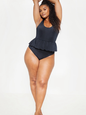 Plus Black Frill Waist Swimsuit