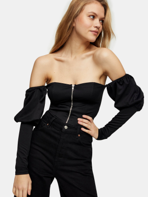 Black Zip Ponte Bardot Top