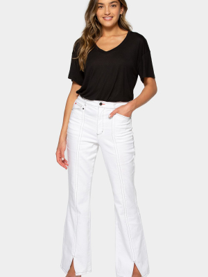 White Wash High Front Slit Jeans