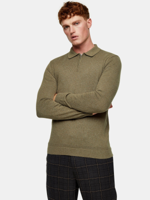 Considered Olive Zip Polo Knitted Sweater