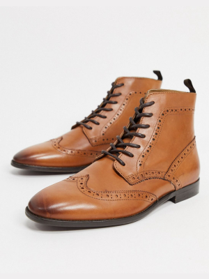 Asos Design Brogue Boots In Tan Leather With Natural Sole