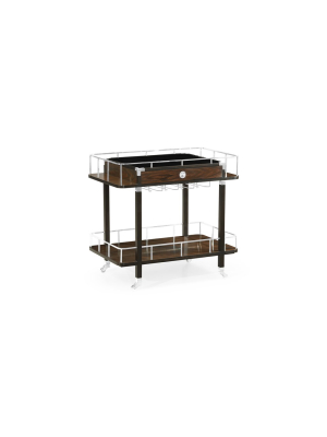 Rectangular Campaign Style Dark Santos Rosewood Rolling Bar Cart With Drawer