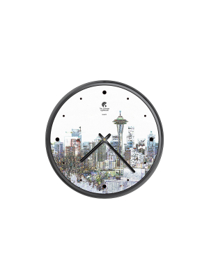 12.75" X 1.5" Seattle Skyline Sketch Decorative Wall Clock Black Frame - By Chicago Lighthouse