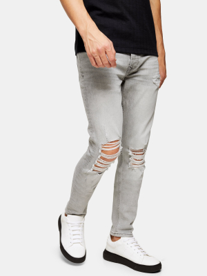 Grey Distressed Ripped Stretch Skinny Jeans