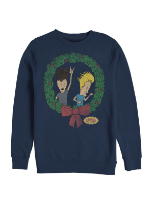 Men's Beavis And Butt-head Christmas Rocker Wreath Sweatshirt