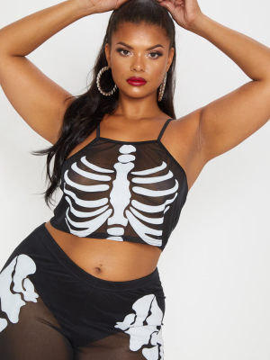 Plus Black Skeleton Print Racer Neck Crop Top