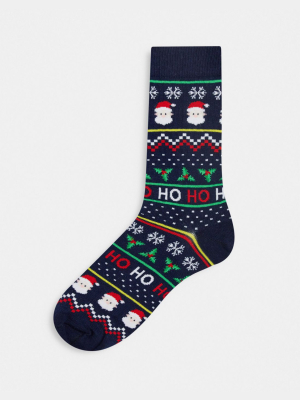 Asos Design Ankle Sock With Fairisle Hohoho Slogan