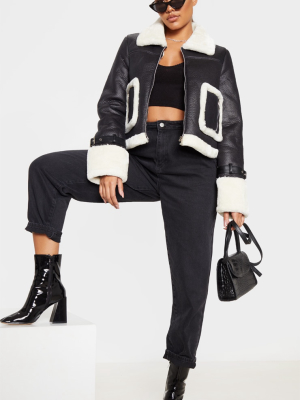 Black Borg Trim Cropped Pu Jacket