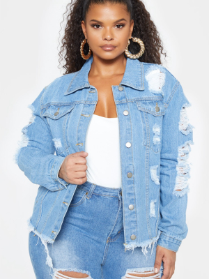 Plus Light Wash Distress Oversized Denim Jacket