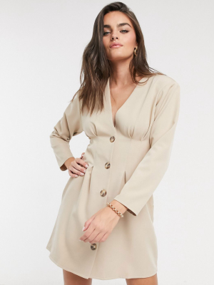 Asos Design Nipped In Waist Dropped Shoulder Button Through Mini Dress In Soft Camel