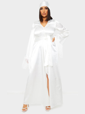 White Satin Pleated Belt Fringe Kimono Dress