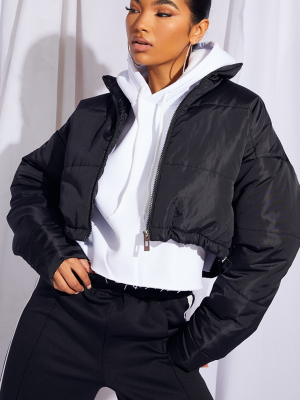 Black Nylon Super Cropped Toggle Hem Puffer Jacket