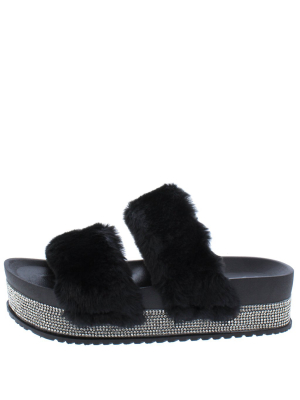 Furry502w Black Faux Fur Dual Strap Sparkle Slide Flat