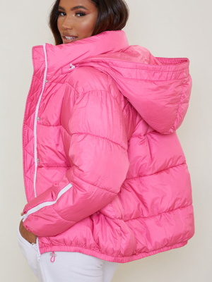 Pink Nylon Oversized Zip Sleeve Puffer Jacket