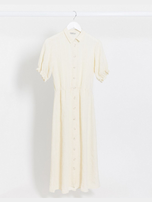 Stradivarius Button Front Midi Dress With Puff Sleeves In White