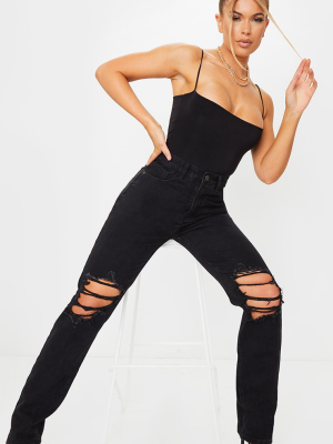 Washed Black Ripped Knee Long Leg Straight Jeans