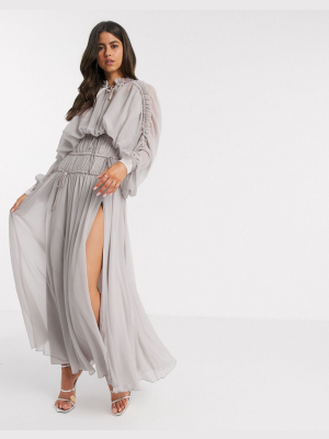 Asos Design Shirred Waist Maxi Dress With Satin Cuff