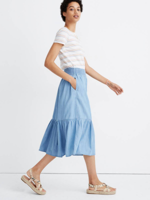 Chambray Smocked-waist Ruffle-hem Midi Skirt