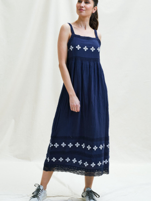 Naomi Embroidered Lace Midi Dress | Navy/ White