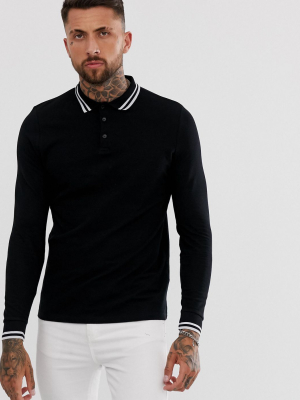 Asos Design Long Sleeve Tipped Pique Polo Shirt In Black