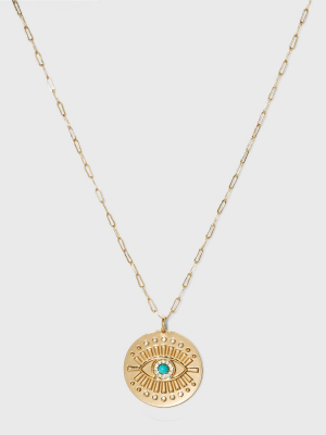 Evil Eye With Turquoise Bead Pendant Chain Necklace - Gold