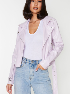 Lilac Faux Leather Belted Biker Jacket