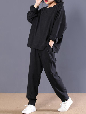 Plus Size - Autumn Casual Cotton Black Blouse And Pants