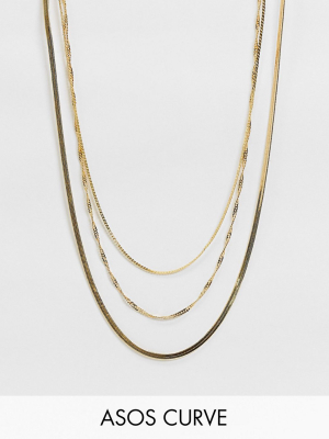 Asos Design Curve 14k Gold Plated Multirow Necklace In Fine Curb And Snake Chains