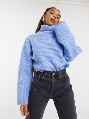 Asos Design Fluffy Roll Neck Longline Sweater In Blue