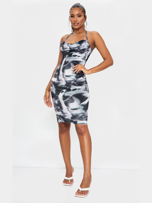 Black Tie Dye Printed Velvet Cowl Back Midi Dress