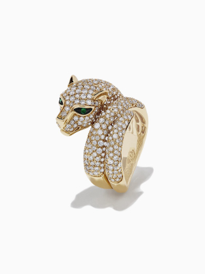 Effy Signature 14k Yellow Gold Diamond And Emerald Panther Ring, 2.13 Tcw