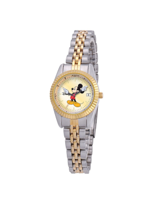 Women's Disney Mickey Mouse Two-tone Link Watch With Gold Dial